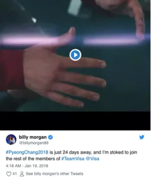 A video still above a tweet from Billy Morgan about joining Team Visa for the PyeongChang 2018 Winter Olympics.