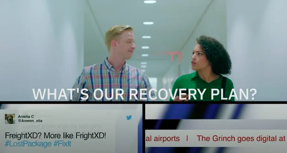 A video still of two colleagues walking and talking, with on-screen text asking “What’s our recovery plan?” and tweets about an airline.