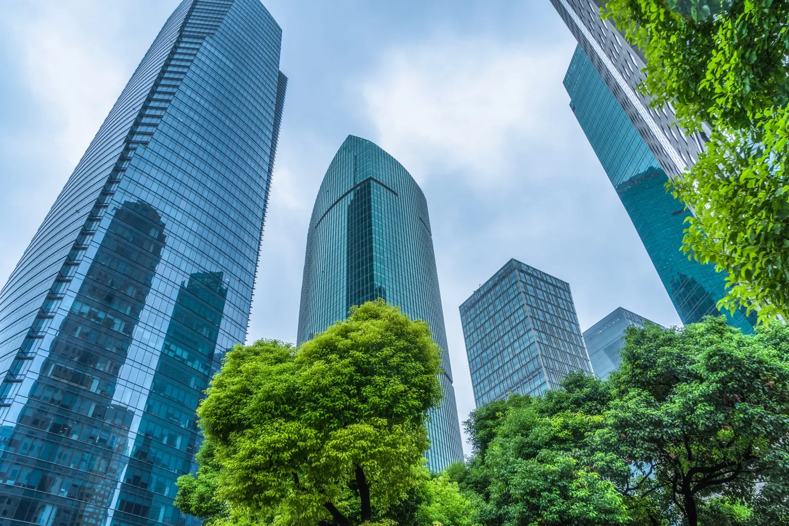 Glass office towers seen from below, among green trees.