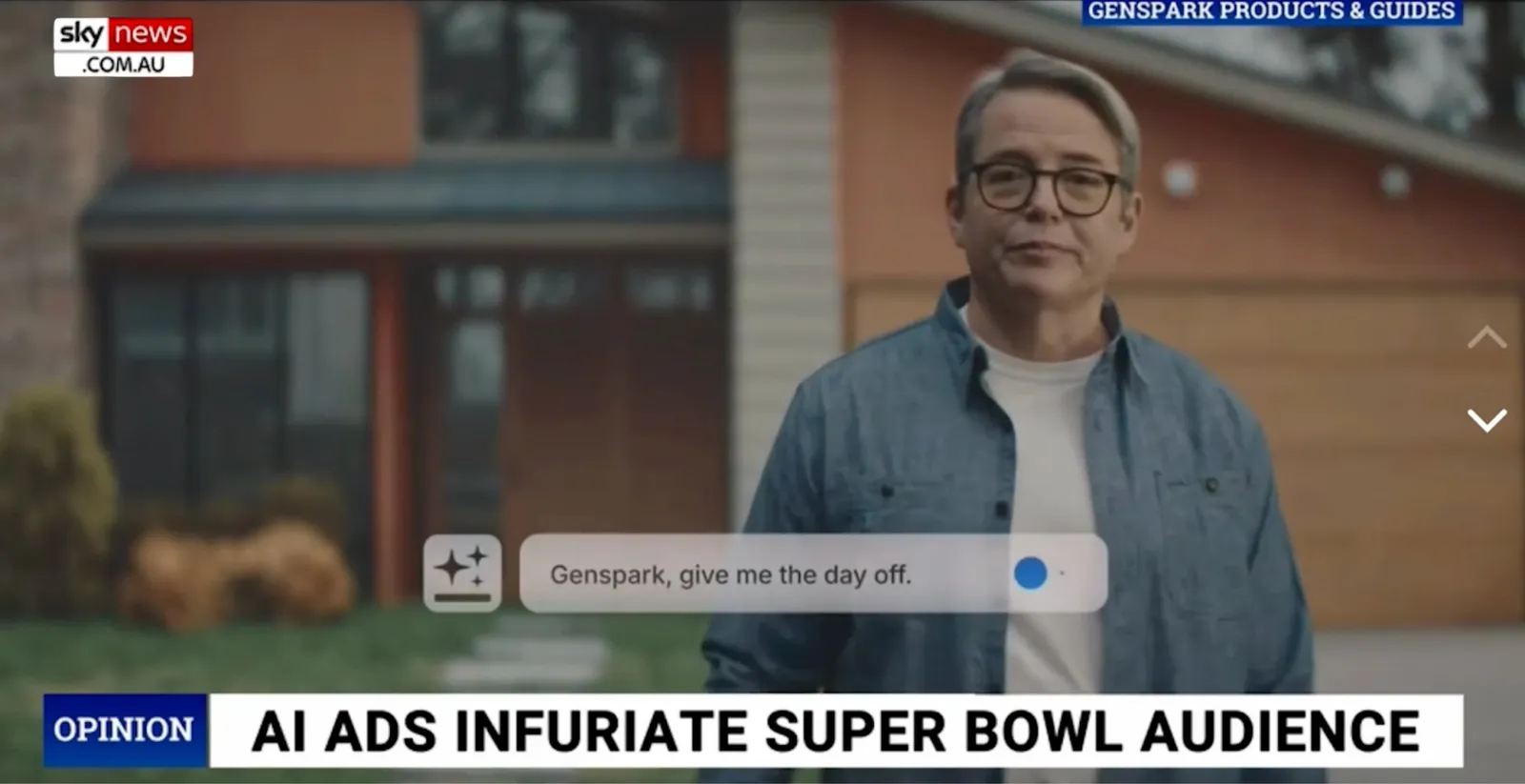 Still from an advert showing a man in a denim shirt in front of a house, with the headline 'AI ads infuriate Super Bowl audience'.