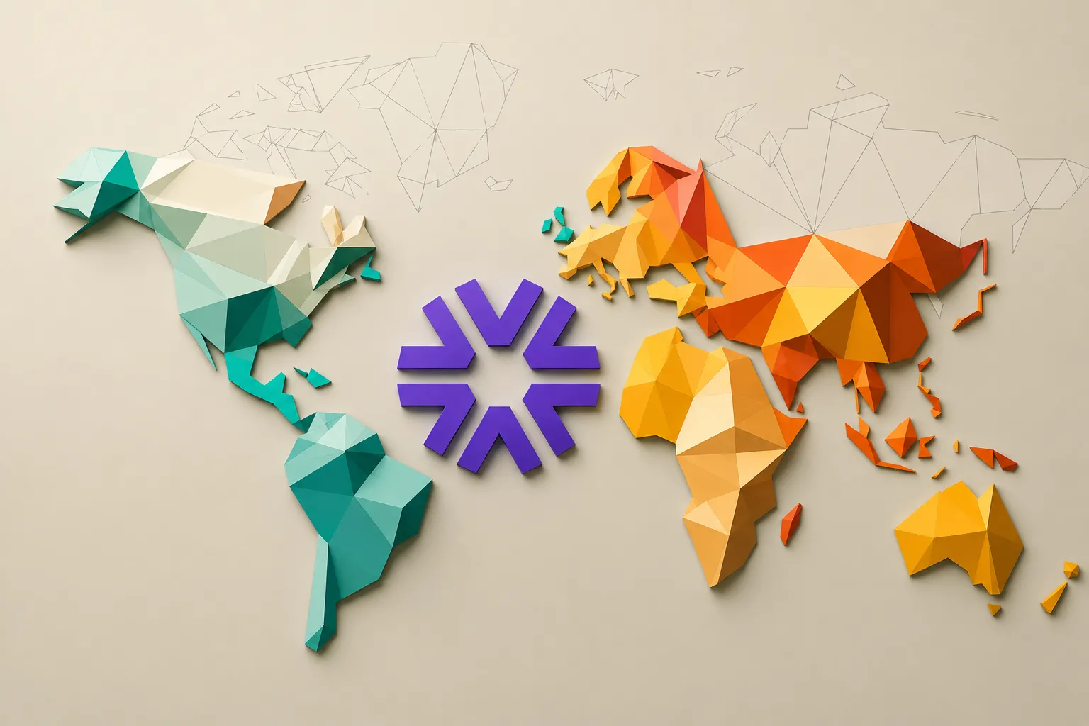 A low-poly paper-style world map in teal and orange, with a purple logo at its centre.