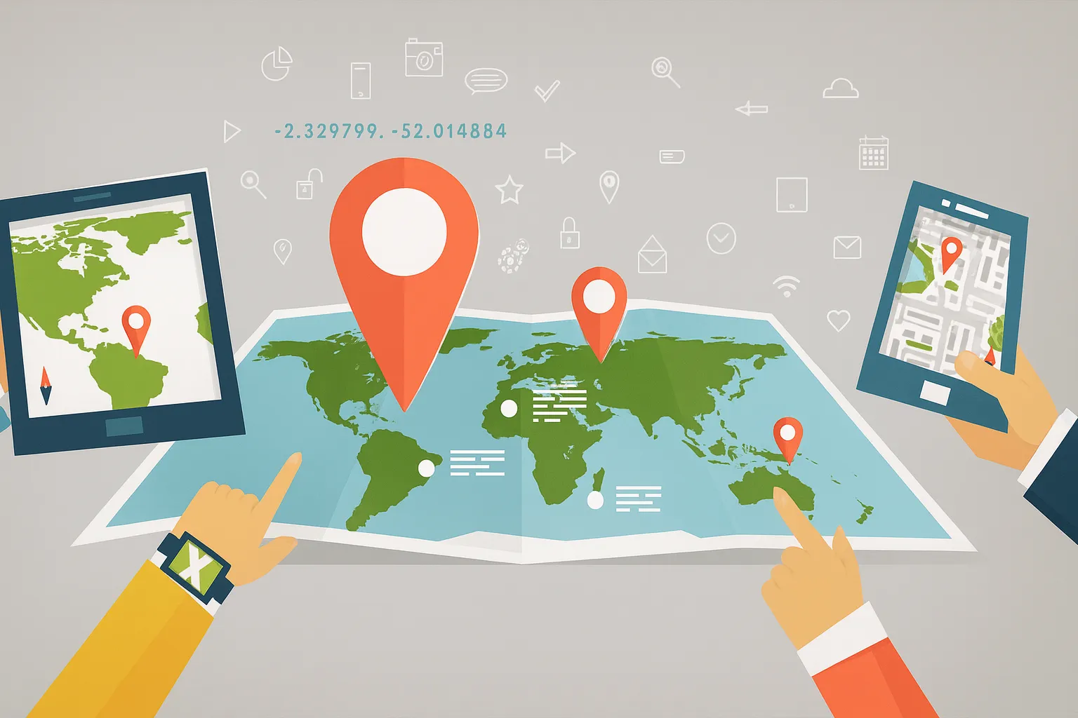 Illustration of hands holding tablets and a phone around a large world map with location pins.