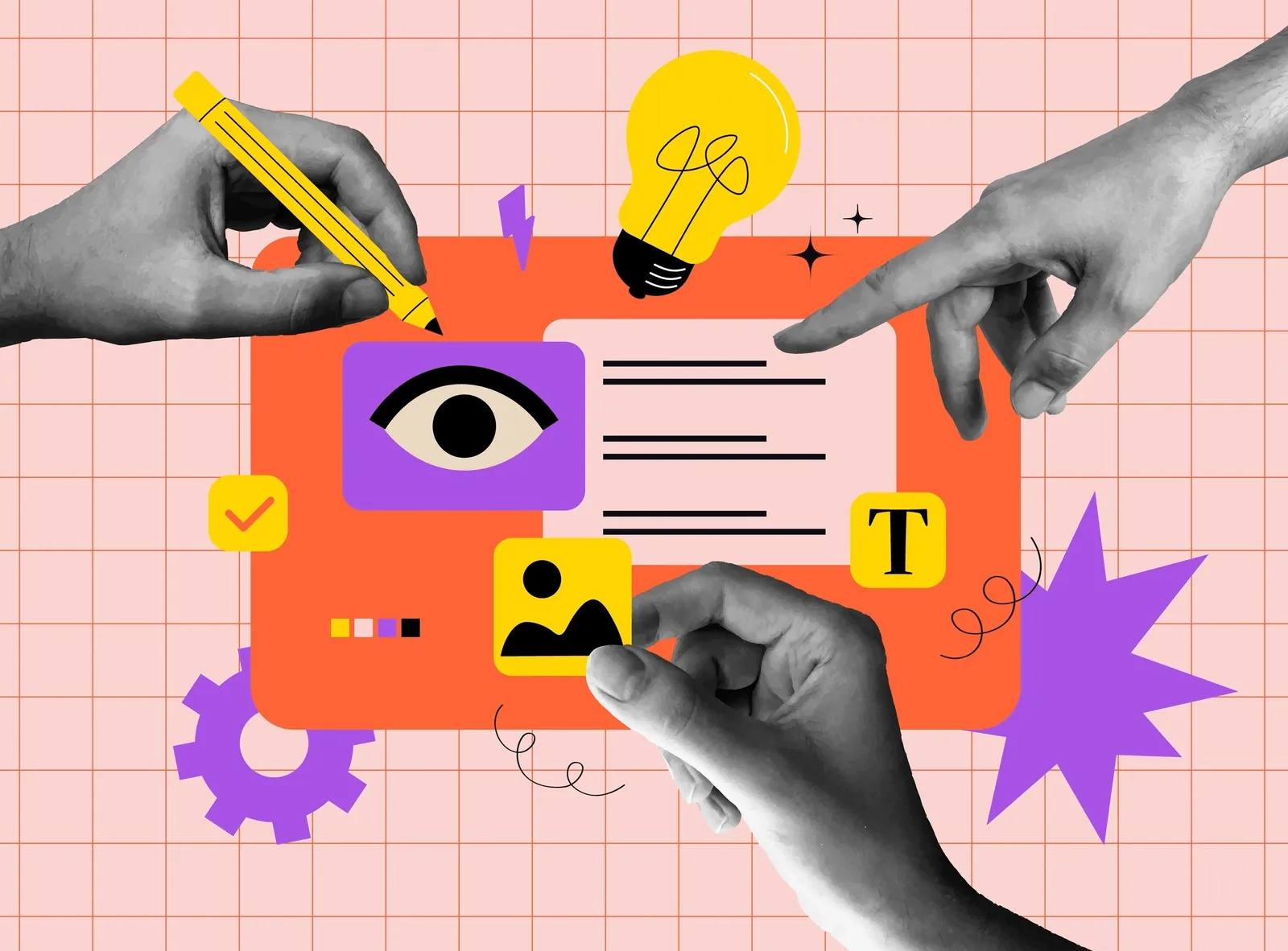 A collage of hands drawing, pointing and placing icons, including an eye and a lightbulb, on a pink grid background.