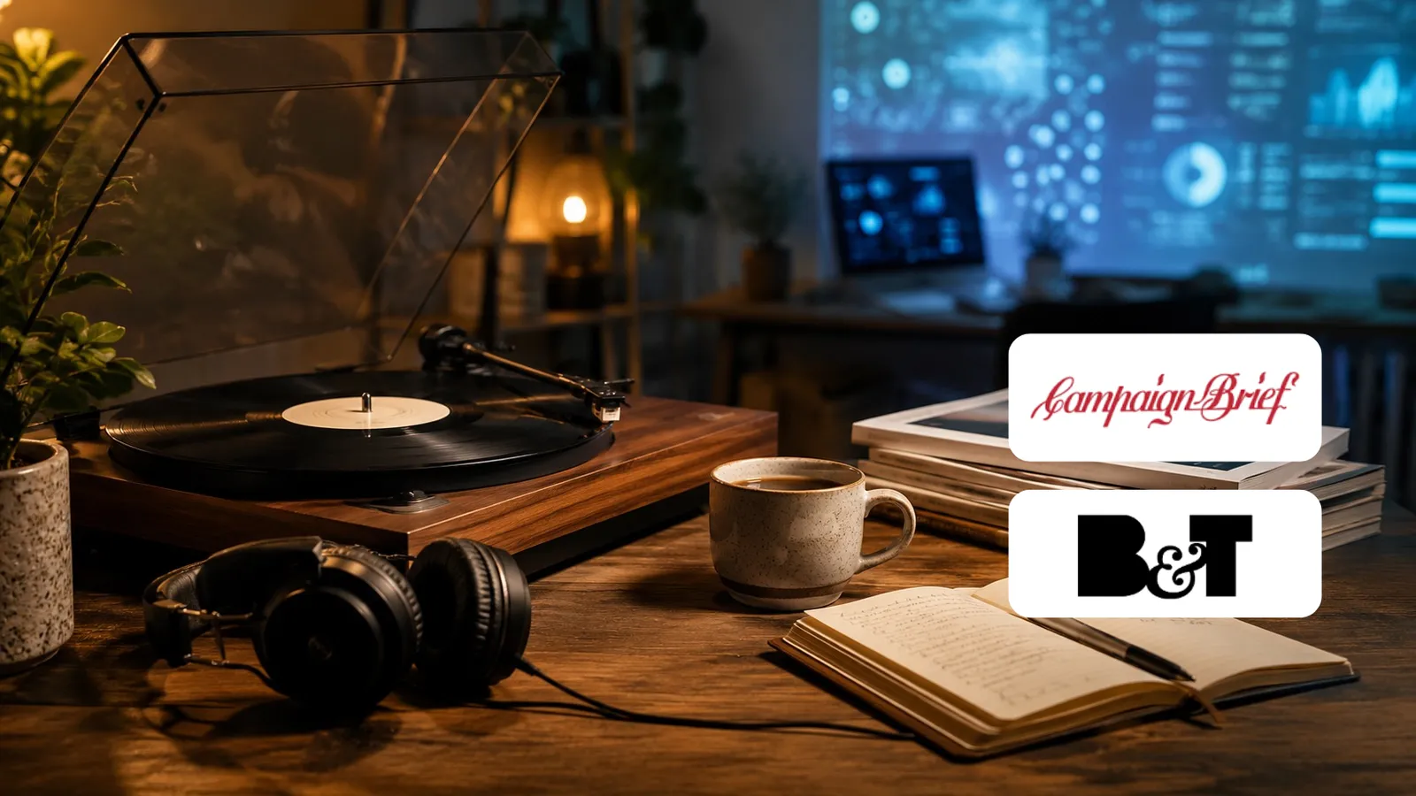 A record player, headphones, mug and open notebook on a wooden desk, with Campaign Brief and B&T logos.