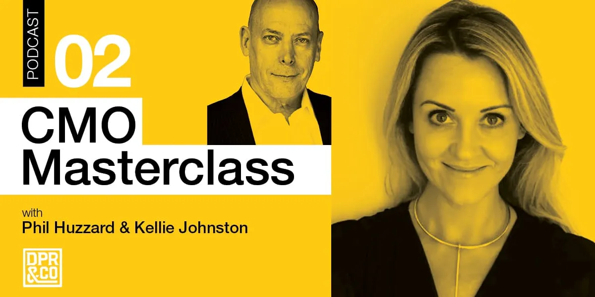 Poster for CMO Masterclass episode 02, with portraits of Phil Huzzard and Kellie Johnston on a yellow background.