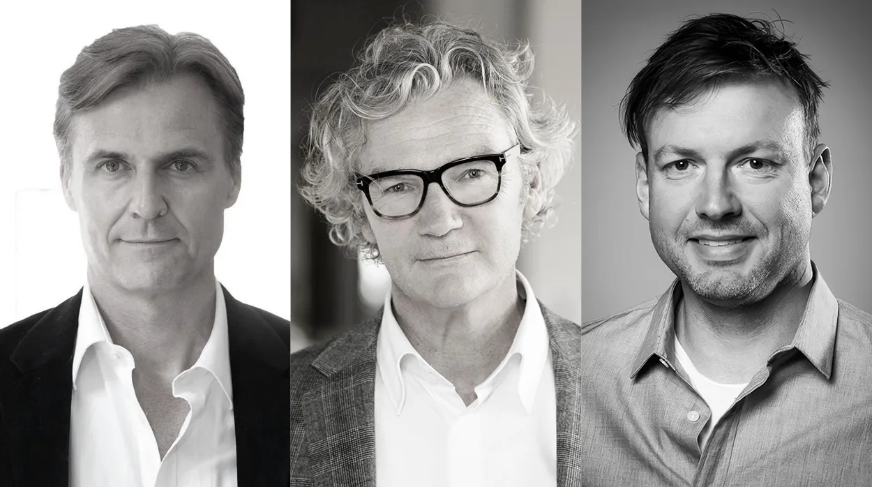 Black-and-white headshots of three men side by side.