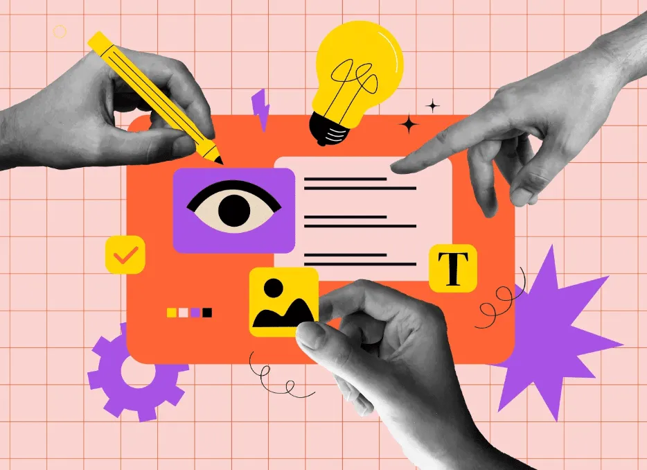 A collage of hands drawing, pointing and placing icons, including an eye and a lightbulb, on a pink grid background.