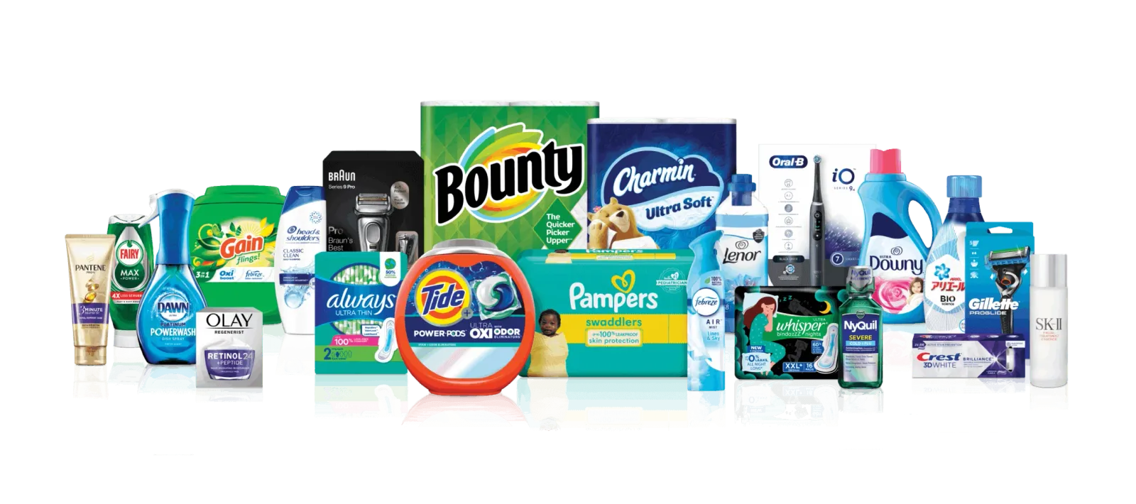A wall of household product brands, including Bounty, Tide, Pampers and Gillette, on a black background.