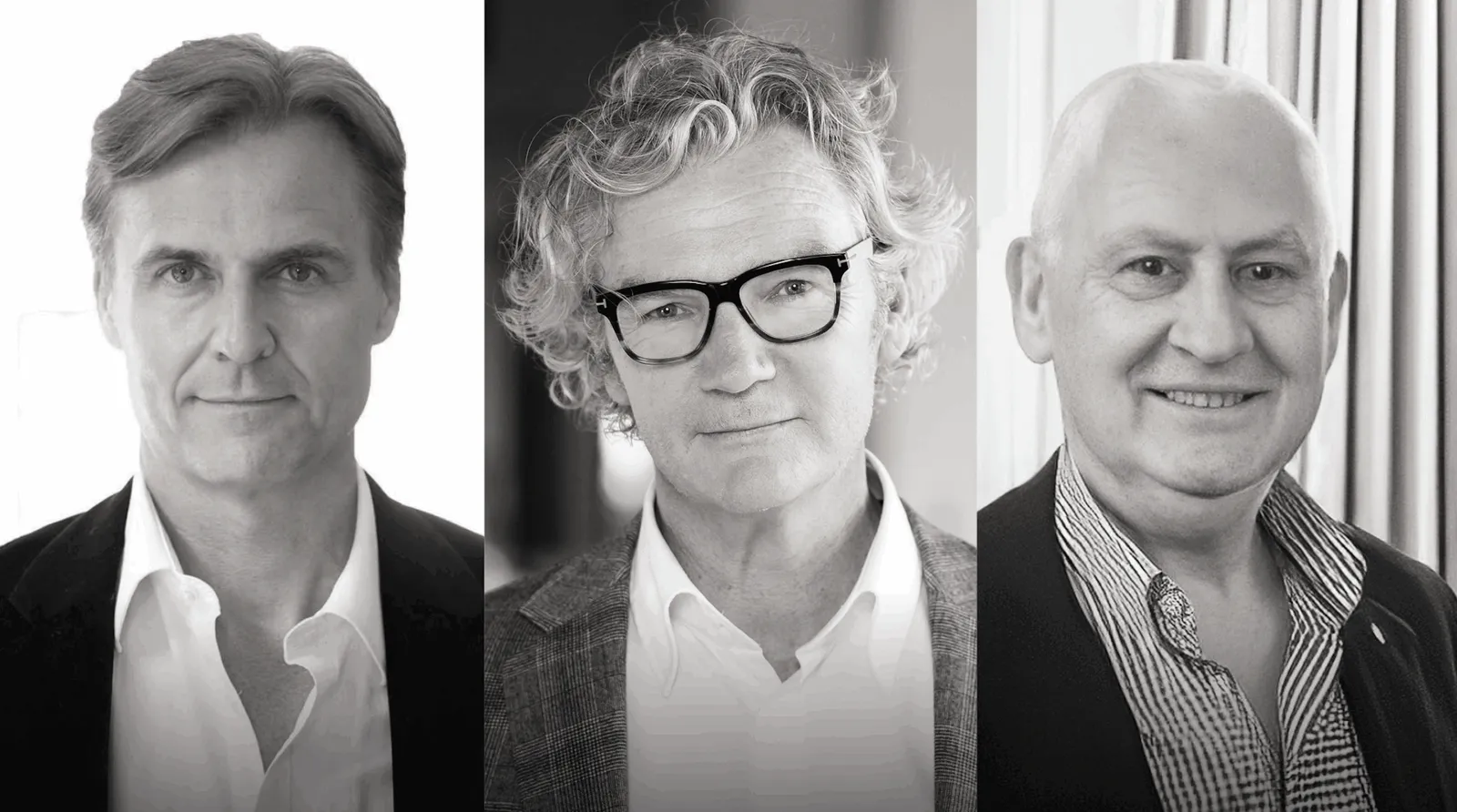 Black-and-white headshots of three men side by side.
