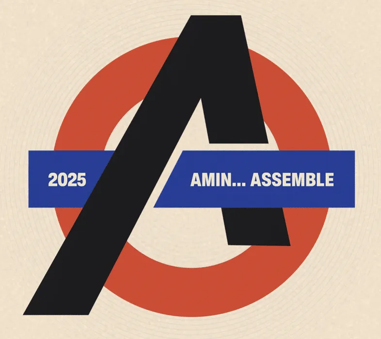 Graphic of a letter A over a red circle and blue bar reading '2025 AMIN... Assemble', styled like a London Underground sign.