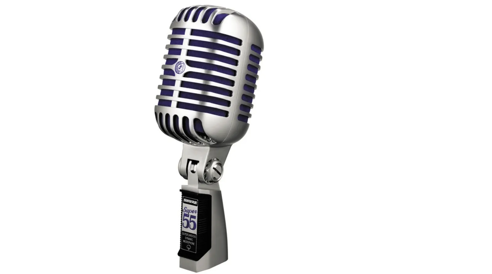 A vintage silver microphone against a white background.
