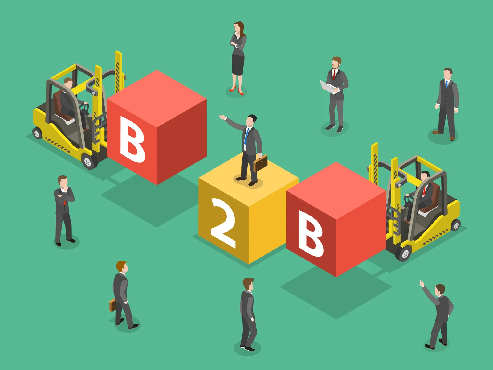 Isometric illustration of office workers and forklifts around large blocks spelling 'B2B' on a green background.