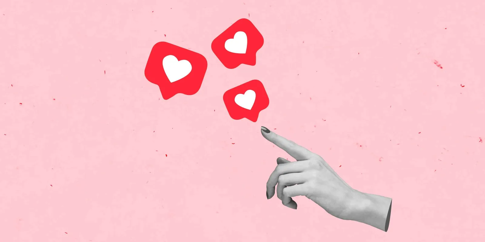 A hand with a pointing finger sends three red 'like' hearts on a pink background.