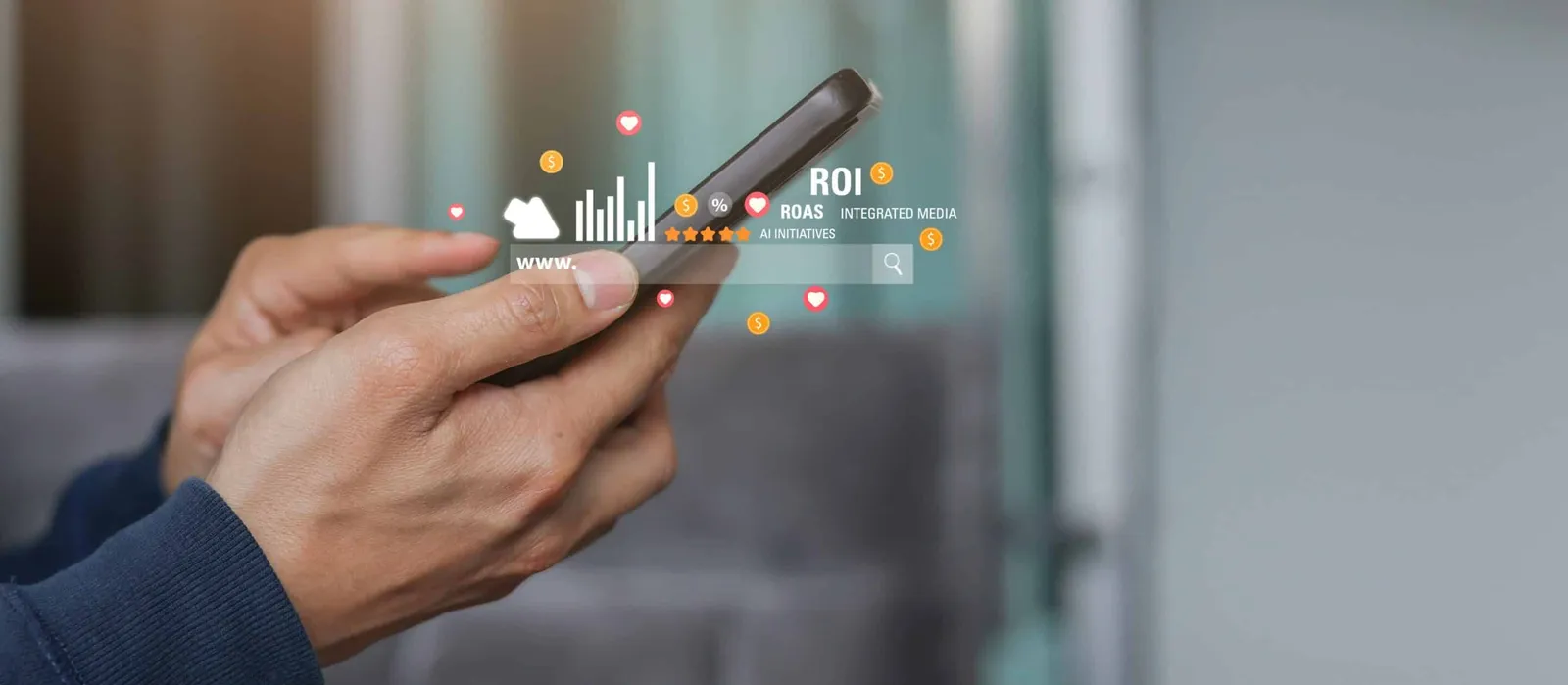 A hand holds a phone with floating graphics showing ROI and performance charts.
