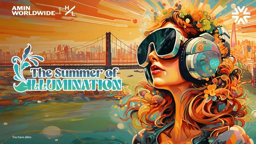 Illustration of a woman wearing headphones and VR goggles in front of the Golden Gate Bridge, with the words 'The Summer of Illumination'.