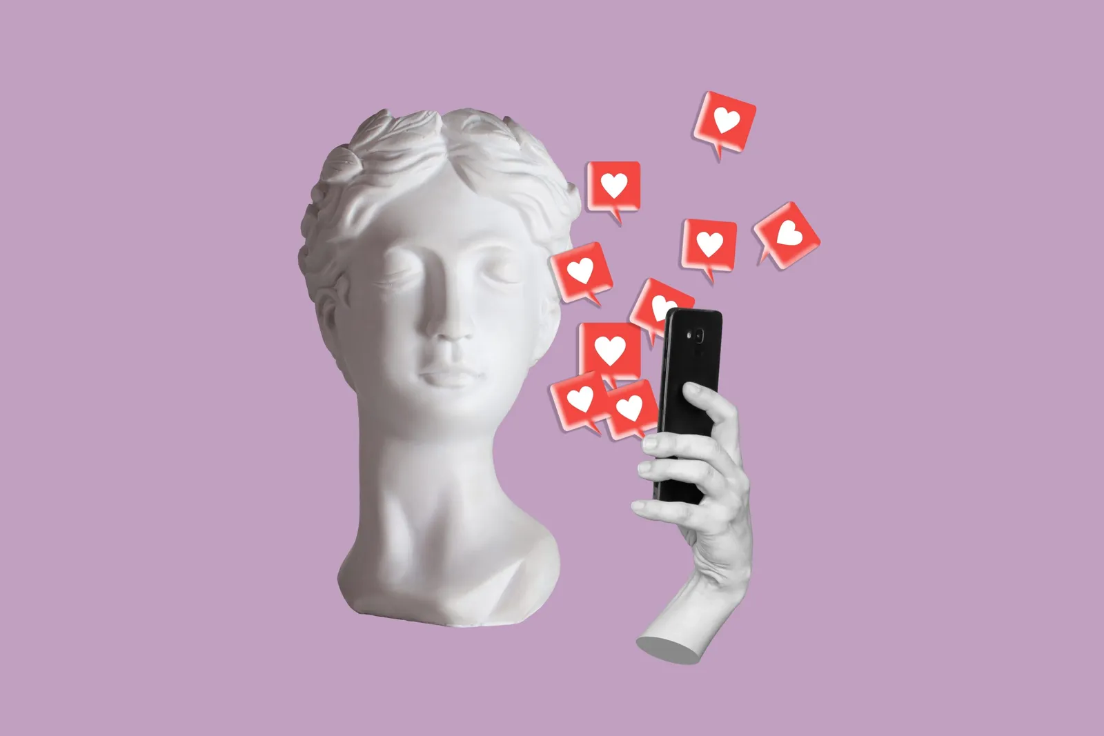 A white classical statue head beside a hand holding a phone, with red 'like' icons floating up, on a lilac background.
