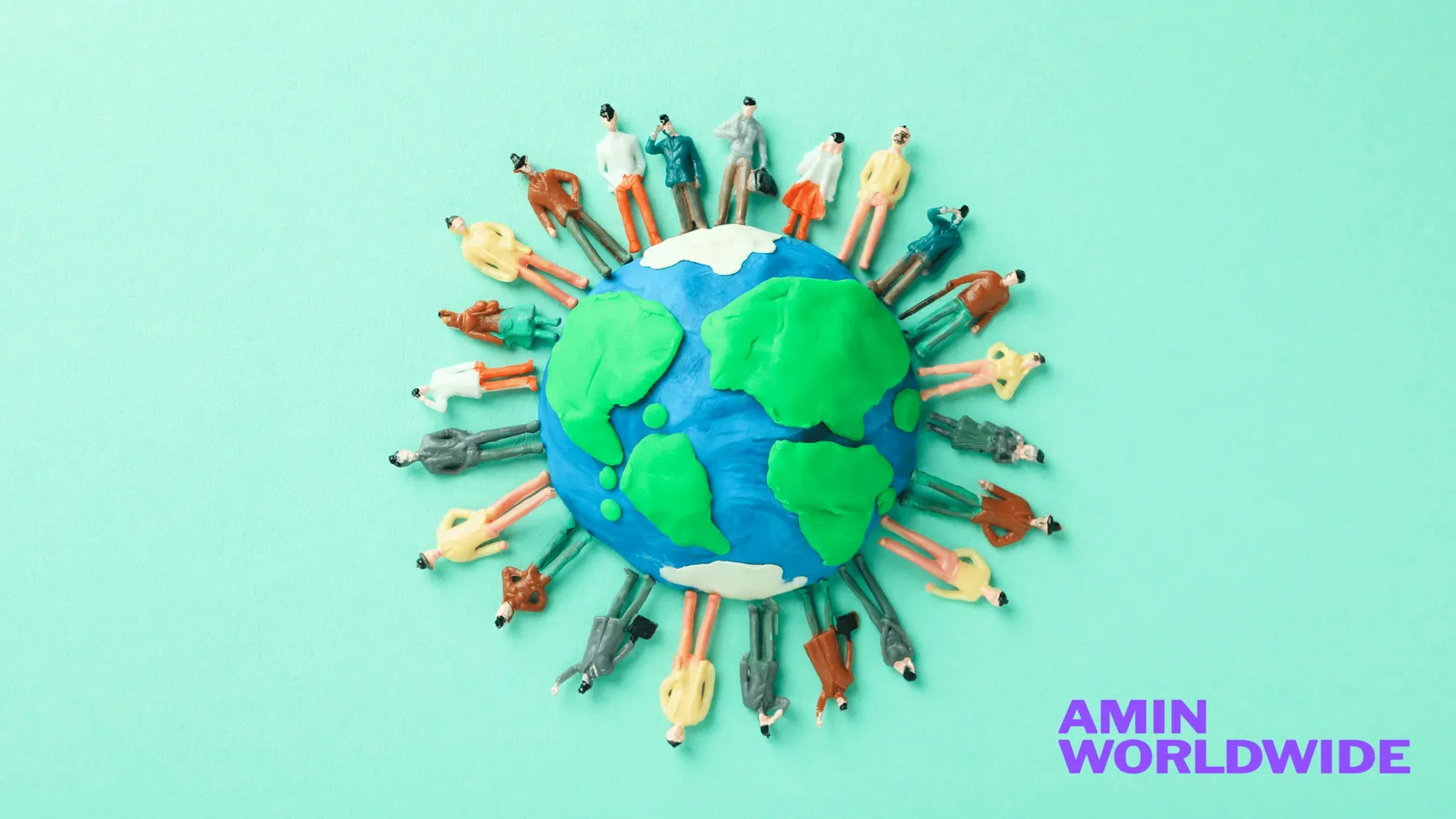 A clay-style globe ringed by tiny figures, with 'AMIN Worldwide' in the corner, on a mint background.