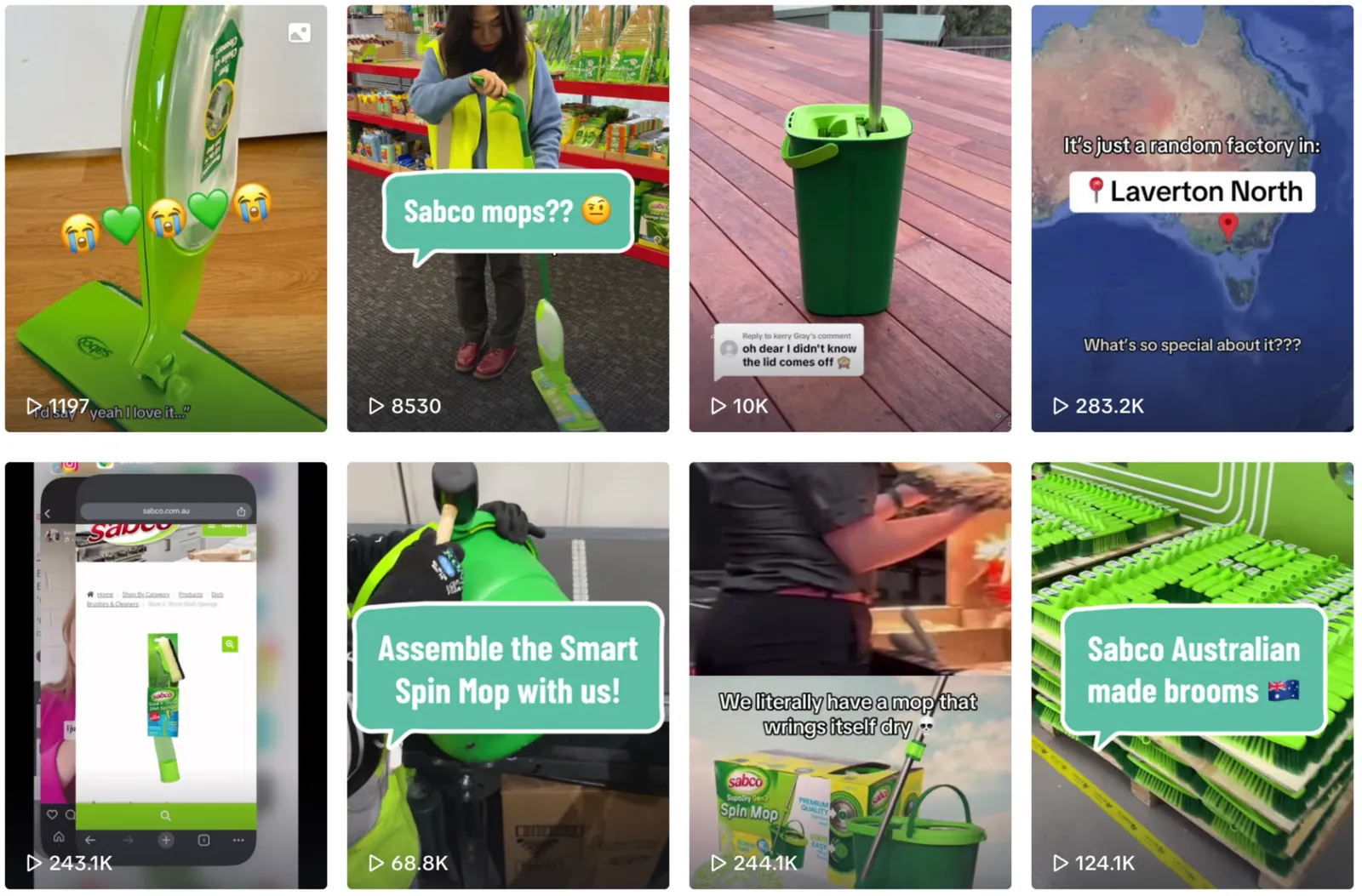 A grid of eight TikTok video thumbnails showing Sabco mops, brooms and other products.