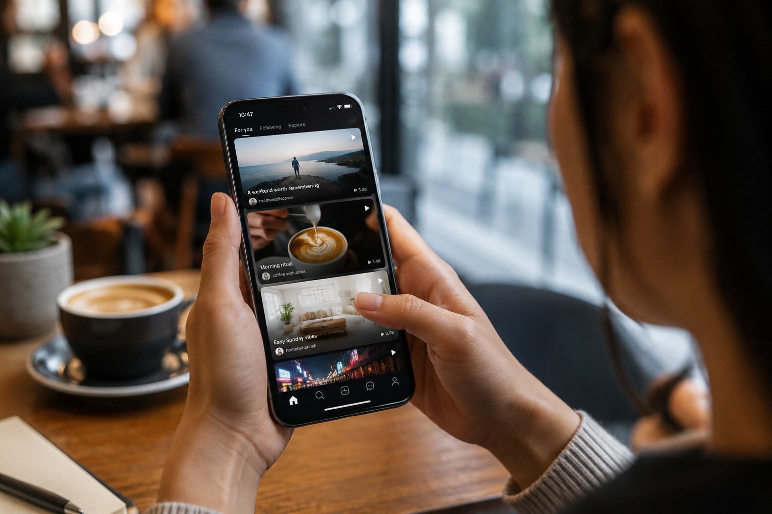 A female sitting in a cafe is scrolling through social media on her phone